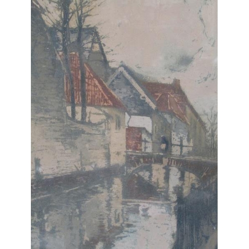 1272 - FIL(?) A BRUSSELS CANAL SCENE COLOURED PRINT F/G 60 x 50 cms