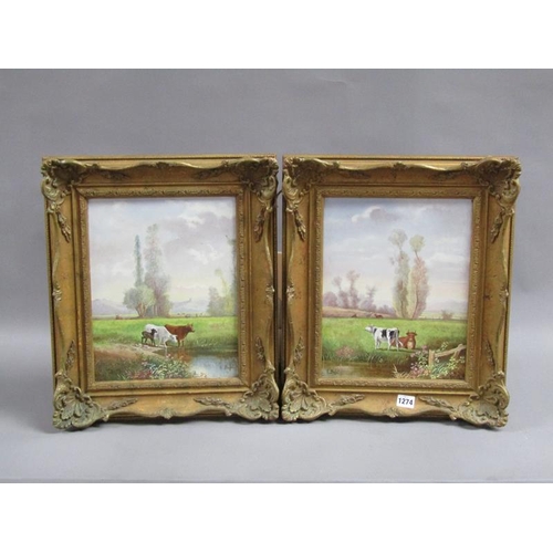 1274 - F BUFFET, A PAIR OF PAINTINGS ON GLASS PANEL, CATTLE IN RIVER SETTINGS, FRAMED 33 x 26 cms