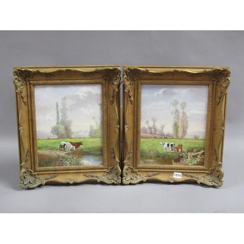 1274 - F BUFFET, A PAIR OF PAINTINGS ON GLASS PANEL, CATTLE IN RIVER SETTINGS, FRAMED 33 x 26 cms