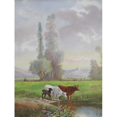 1274 - F BUFFET, A PAIR OF PAINTINGS ON GLASS PANEL, CATTLE IN RIVER SETTINGS, FRAMED 33 x 26 cms