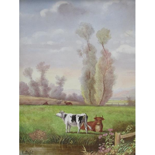 1274 - F BUFFET, A PAIR OF PAINTINGS ON GLASS PANEL, CATTLE IN RIVER SETTINGS, FRAMED 33 x 26 cms