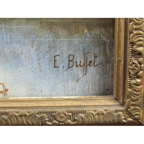 1274 - F BUFFET, A PAIR OF PAINTINGS ON GLASS PANEL, CATTLE IN RIVER SETTINGS, FRAMED 33 x 26 cms