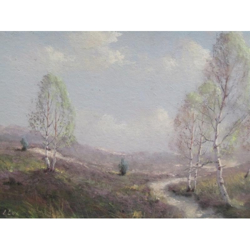 1277 - E COX, MOORLAND LANDSCAPE WITH SILVER BIRCH TREES AND PATHWAY, SIGNED WATERCOLOUR.  F/G 28 x 39 cms