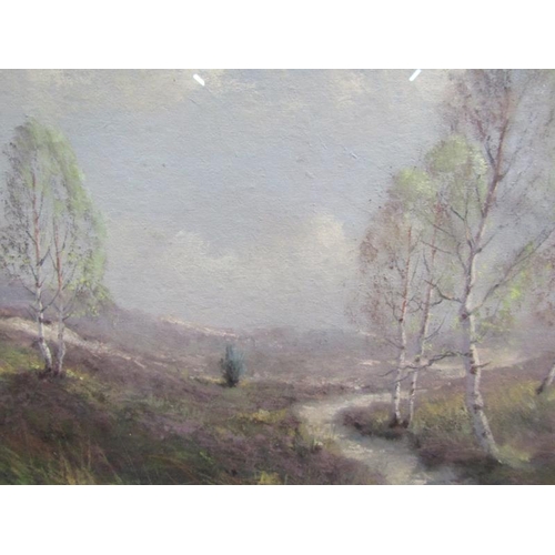 1277 - E COX, MOORLAND LANDSCAPE WITH SILVER BIRCH TREES AND PATHWAY, SIGNED WATERCOLOUR.  F/G 28 x 39 cms