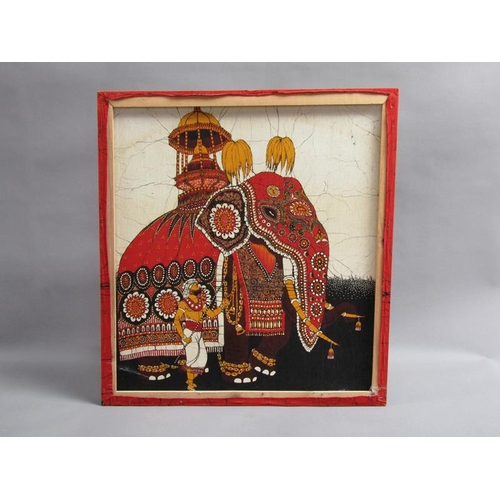 1280 - TWO ORIENTAL MATERIAL WALL HANGINGS, ONE OF CEREMONIAL ELEPHANTS, THE OTHER SEQUINNED HORSE AND RIDE... 