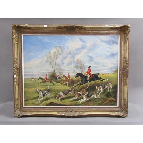 1281 - M MARTI LATE 19/EARLY 20c HUNTING SCENE WITH HORSE RIDERS AND HOUNDS CROSSING A HEDGE LINE, SIGNED O... 