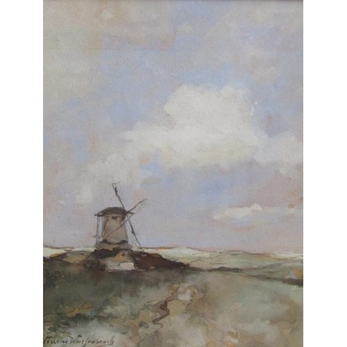 1282 - WILLEM WAISFENBRUCH, A WINDMILL IN A LANDSCAPE, SIGNED WATERCOLOUR.  F/G 22 x 18 cms