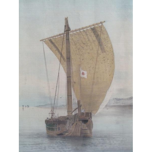 1285 - ORIENTAL NEEDLEWORK PRINT ON MATERIAL BACKING SAILING BOAT WITH JAPANESE FLAG, F/G 59 x 59 cms