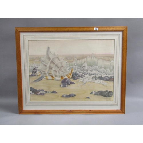 1287 - CHARLES BAIRD 1975 SEASHELLS AND SURF, SIGNED AND DATED WATERCOLOUR F/G 55 x 75 cms