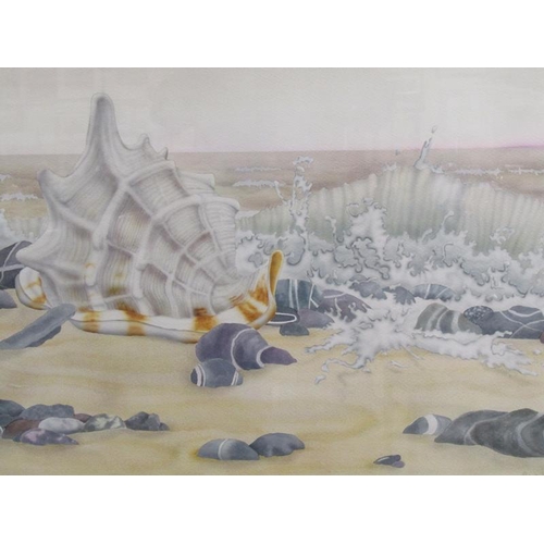 1287 - CHARLES BAIRD 1975 SEASHELLS AND SURF, SIGNED AND DATED WATERCOLOUR F/G 55 x 75 cms