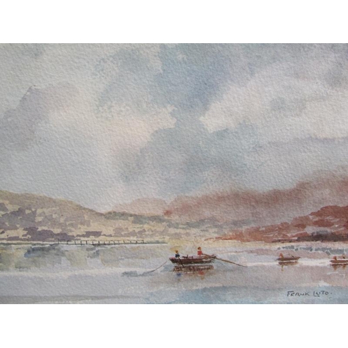 1291 - FRANK LUTO FIGURES IN ROWING BOATS IN A QUIET BAY SIGNED WATERCOLOUR, F/G 18 x 28 cms