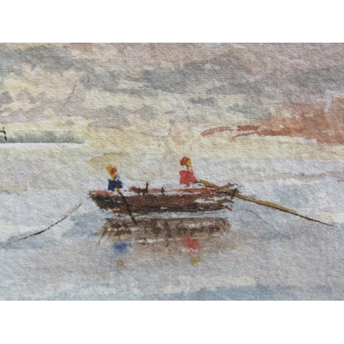 1291 - FRANK LUTO FIGURES IN ROWING BOATS IN A QUIET BAY SIGNED WATERCOLOUR, F/G 18 x 28 cms