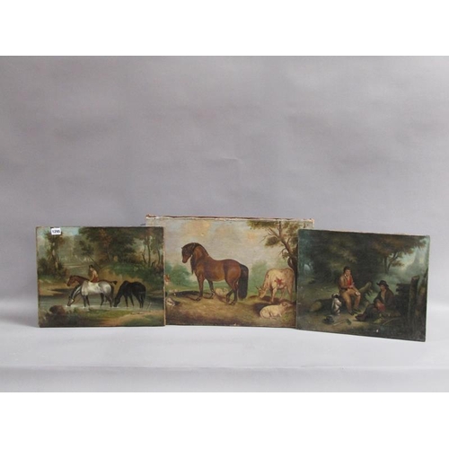 1295 - THREE UNFRAMED OIL ON CANVAS 19c UNSIGNED, THREE HORSES AND RIDER, ONE LUNCH BREAK TOGETHER WITH HOR... 