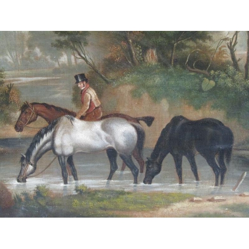 1295 - THREE UNFRAMED OIL ON CANVAS 19c UNSIGNED, THREE HORSES AND RIDER, ONE LUNCH BREAK TOGETHER WITH HOR... 