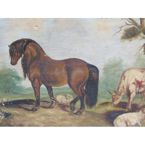 1295 - THREE UNFRAMED OIL ON CANVAS 19c UNSIGNED, THREE HORSES AND RIDER, ONE LUNCH BREAK TOGETHER WITH HOR... 