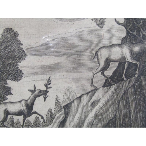 1299 - TWO 19c CIRCULAR LINE ENGRAVINGS, DEER IN A MOUNTAINOUS SETTING TOGETHER WITH MAN WITH CHERUB APPROA... 