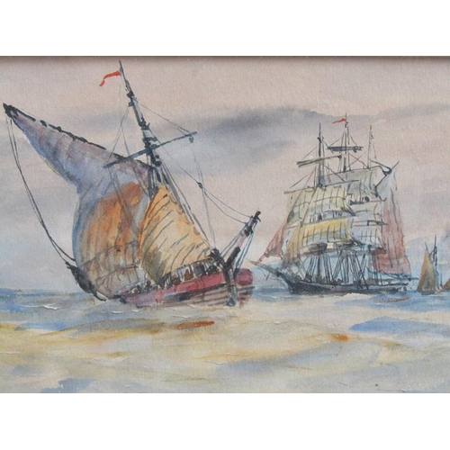 1307 - W CANNON, A PAIR OF SEASCAPE WATERCOLOURS WITH SAILING VESSELS, TWO COLOURED PRINTS AND A SKETCH OF ... 