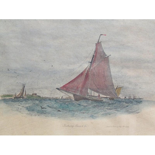 1307 - W CANNON, A PAIR OF SEASCAPE WATERCOLOURS WITH SAILING VESSELS, TWO COLOURED PRINTS AND A SKETCH OF ... 