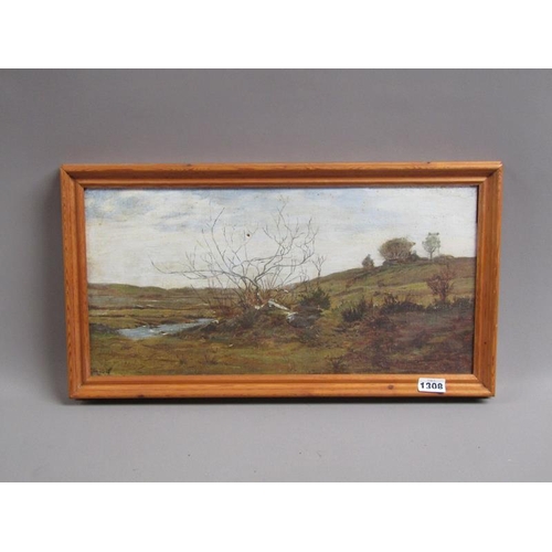 1308 - UNSIGNED, 19c MOORLAND LANDSCAPE WITH STREAM, UNSIGNED OIL ON PANEL.  FRAMED 22 x 45 cms