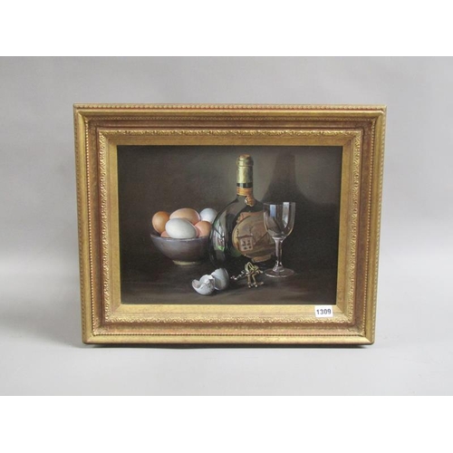 1309 - PETER F FULLER, STILL LIFE EGGS AND WINE.  SIGNED OIL ON CANVAS FRAMED 29 x 39 cms