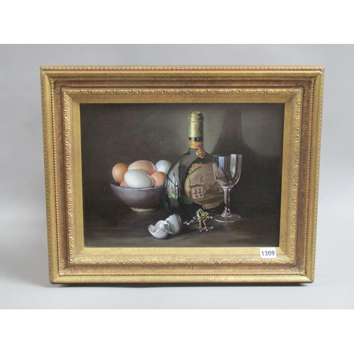 1309 - PETER F FULLER, STILL LIFE EGGS AND WINE.  SIGNED OIL ON CANVAS FRAMED 29 x 39 cms