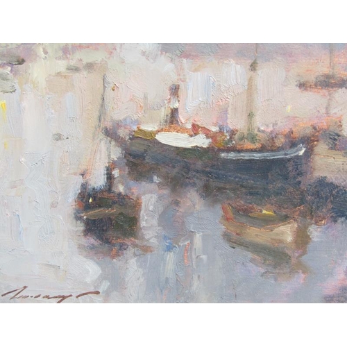 1312 - SIGNED INDISCTINCTLY, EARLY 19c BOATS AT A QUAYSIDE MOORING, OIL ON PANEL.  FRAMED 14 x 17 cms