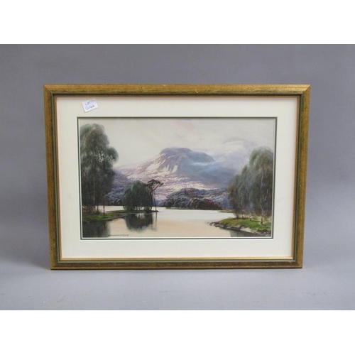 1314A - - KING, AN ORIENTAL LAKE WITH DISTANT MOUNTAINS, SIGNED WATERCOLOUR.  F/G 28 x 45 cms