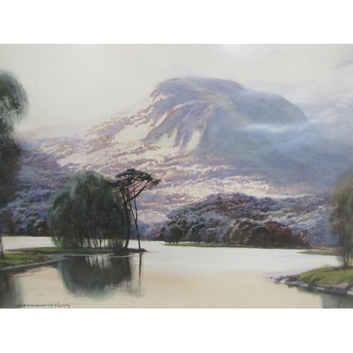 1314A - - KING, AN ORIENTAL LAKE WITH DISTANT MOUNTAINS, SIGNED WATERCOLOUR.  F/G 28 x 45 cms