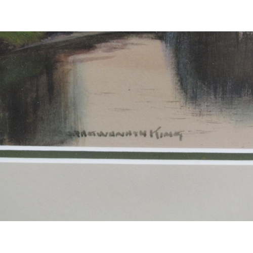 1314A - - KING, AN ORIENTAL LAKE WITH DISTANT MOUNTAINS, SIGNED WATERCOLOUR.  F/G 28 x 45 cms