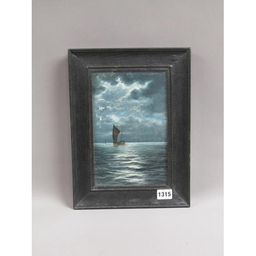 1315 - F W KIRTLEY - MOONLIT SHIPPING SCENE, OIL ON PANEL.  FRAMED 24 x 15 cms - CRACK TO THE PANEL