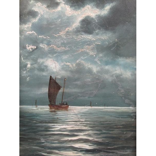 1315 - F W KIRTLEY - MOONLIT SHIPPING SCENE, OIL ON PANEL.  FRAMED 24 x 15 cms - CRACK TO THE PANEL