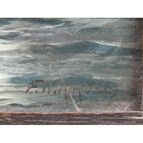 1315 - F W KIRTLEY - MOONLIT SHIPPING SCENE, OIL ON PANEL.  FRAMED 24 x 15 cms - CRACK TO THE PANEL