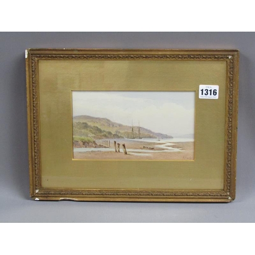 1316 - F SEARLE, 19c COASTAL SCENE WITH MOORED SAILING VESSELS SIGNED WATERCOLOUR.  F/G 12 x 20 cms