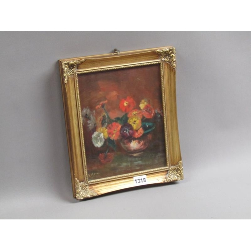 1318 - G CERRI, VASE OF FLOWERS SIGNED OIL ON PANEL.  FRAMED 24 x 19 cms