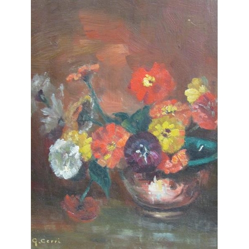 1318 - G CERRI, VASE OF FLOWERS SIGNED OIL ON PANEL.  FRAMED 24 x 19 cms