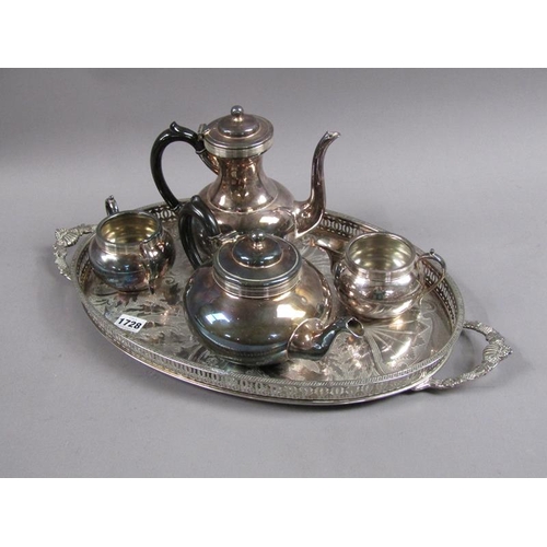 1728 - OVAL TWO HANDLED GALLERIED TEA TRAY; FOUR PIECE SERVICE