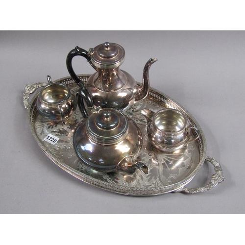 1728 - OVAL TWO HANDLED GALLERIED TEA TRAY; FOUR PIECE SERVICE