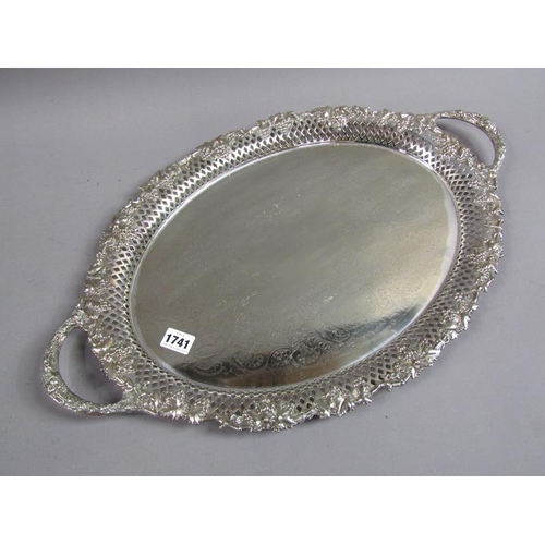 1741 - SILVER PLATED TWO HANDLED OVAL TEA TRAY; GLASS CLARET JUG