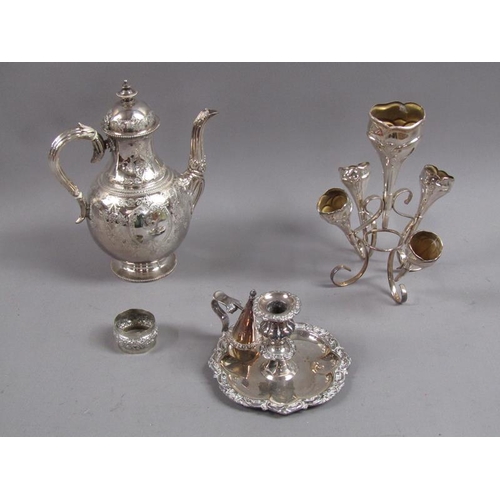 1747 - THREE ITEMS OF SILVER PLATE - COFFEE POT, CENTRE PIECE & CHAMBER STICK