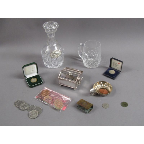 1748 - SMALL COLLECTION OF COMMEMORATIVE COINAGE; GLASS DECANTER AND STOPPER WITH SILVER SHERRY BOTTLE TICK... 