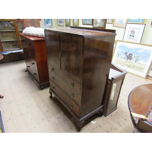 1965 - 1930'S WALNUT VENEERED SIDE CABINET, THE UPPER SHELF SECTION ENCLOSED BY TWO DOORS OVER THREE LONG D... 