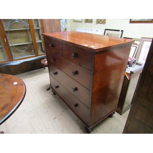 1967 - 19C MAHOGANY CHEST OF TWO SHORT AND THREE LONG DRAWERS RAISED ON POINTED BUN FEET, 105CM W, 105CM H