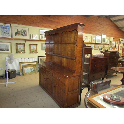 1971 - ENGLISH FRUIT WOOD THREE DRAWER DRESSER WITH RACK, 168CM W, 193CM H