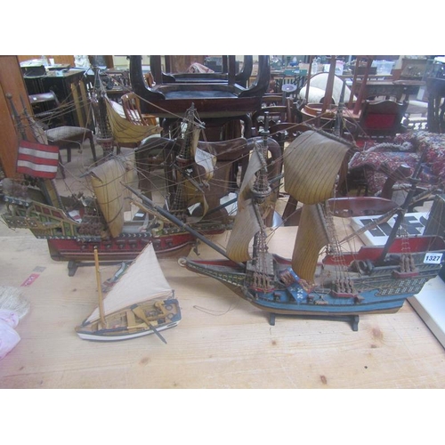 1327 - HAND BUILT WOODEN SAILING SHIPS AND ONE FISHING BOAT, LARGEST 56cms H