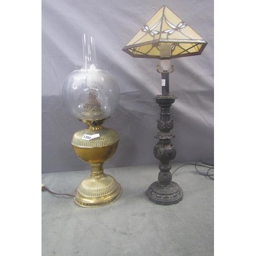 1350 - CONVERTED BRASS OIL LAMP 60cms H AND A TIFFANY STYLE LAMP 70cms H