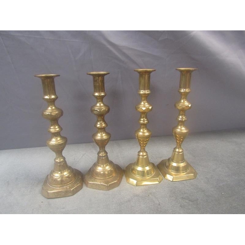 1351 - TWO PAIRS OF ANTIQUE CANDLESTICKS, LARGEST 27cms H