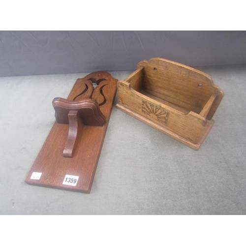 1359 - ART NOUVEAU STYLE OAK BRACKET SHELF AND A CARVED OAK LETTER RACK - 28cms W