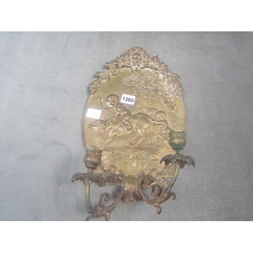 1360 - 19c CAST GILT METAL CHERUB TWO BRANCH WALL BRACKET - 22cms W