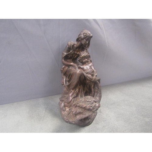 1364 - BRONZED FIGURE MOTHER AND CHILD WITH A SWAN, 25cms H