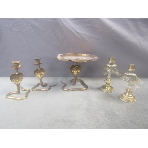 1365 - INDIAN COBRA CANDLESTICKS, TAZZA (19cms H) AND ANOTHER PAIR